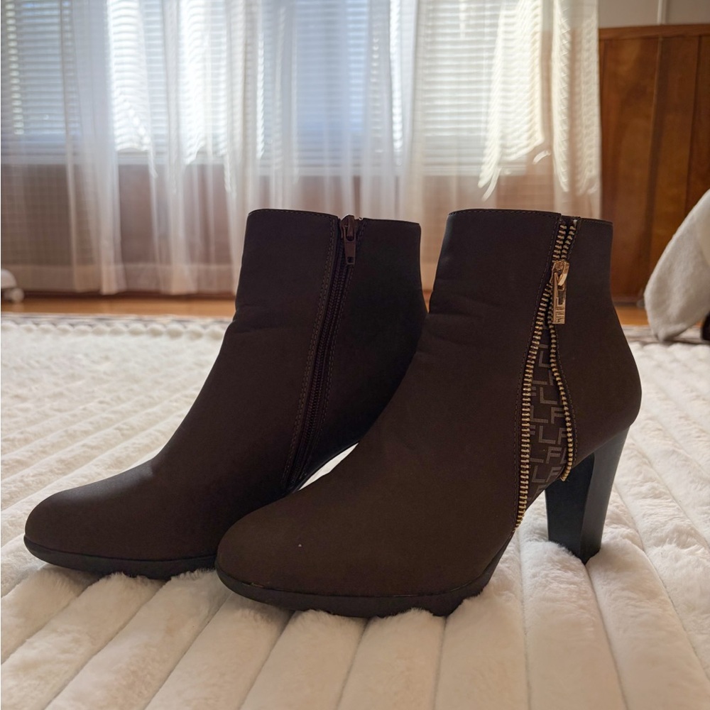 Tommy Hilfiger Dark Brown Ankle Booties with Gold Zip Detail